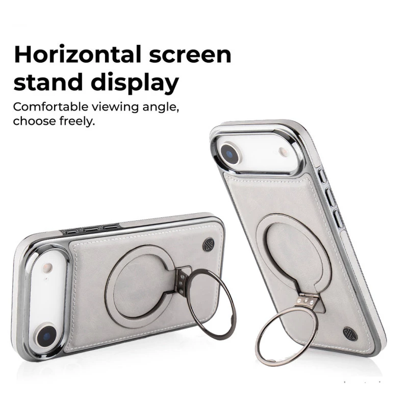 iPhone 17 Air Leather Case with Ring Holder – Grey Shockproof Cover