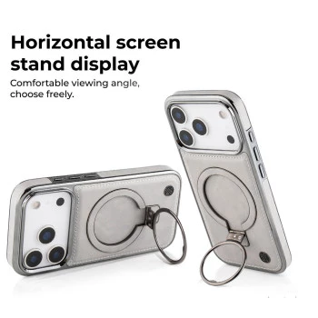 iPhone 17 Pro Premium Leather Case with Ring Holder – Classy Elite Grey Cover