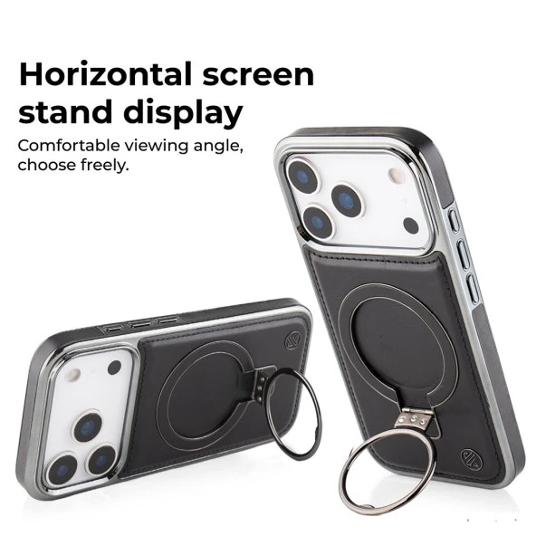 iPhone 17 Pro Max Leather Case with Ring Holder – Classy Elite Black Premium Cover
