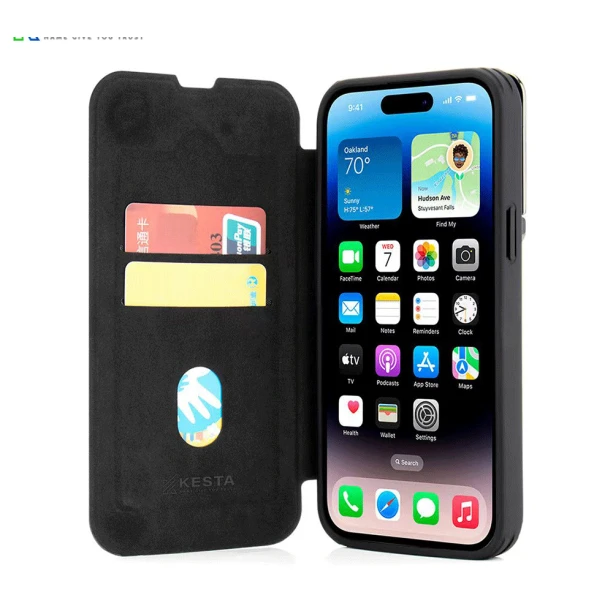 iPhone 13 Pro Flip Leather Case – Black Elegant Cover