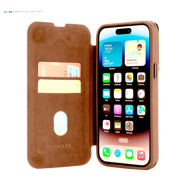 iPhone 14 Brown Leather Flip Cover – Elegant Protective Case