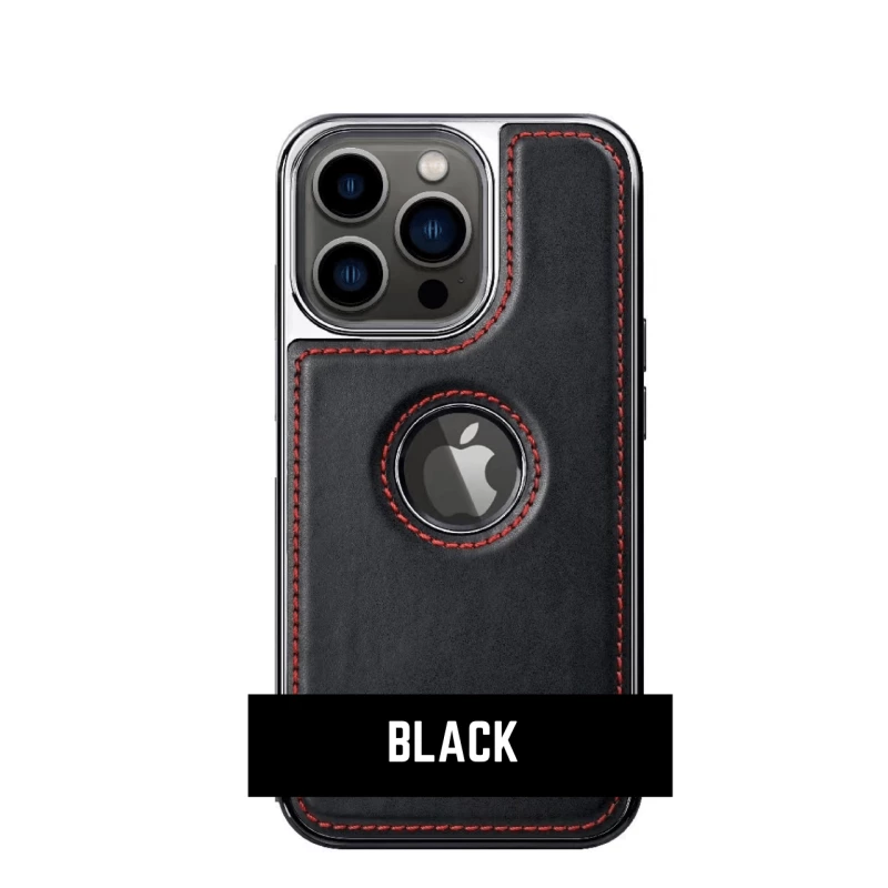 Black Leather Case With Chrome Electroplating For iPhone 13 Pro                                        